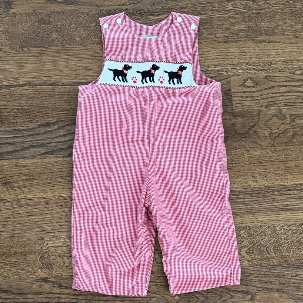 Red Gingham Smocked Embroidered Dogs Romper